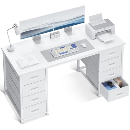 ODK 48 Inch White Computer Desk with 8 Fabric Drawers, Modern Office Desk with Large Storage for Home Office, Study, Gaming, White