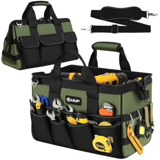 Heavy Duty Tool Bag 15-Inch, 16-Pocket Portable Empty Tool Box Organizer, Big Storage Toolbox Organization, Soft Handle Large Zipper Carrying Toolbag, Father Day Gifts for Him Dad Men, Green