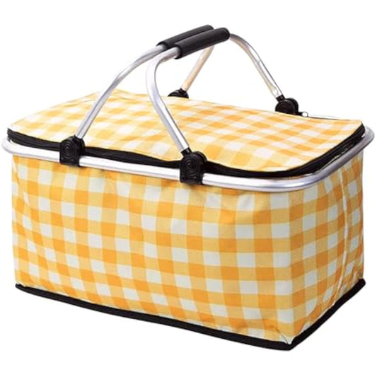 Insulated Picnic Basket，Collapsible Picnic Basket，30L Large Market Basket with Lid，2 Sturdy Handles，Storage Basket for Picnic，for Food Delivery，Take Outs，Market Shopping，Travel(Yellow Grid)