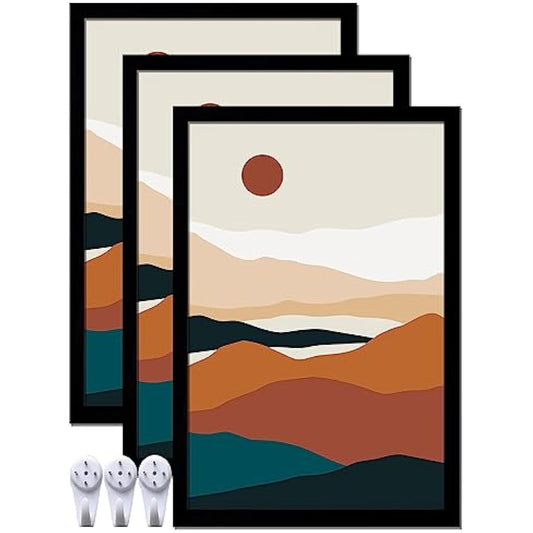 Black 16x24 Picture Frame Set of 3, High Transparent Frame for 16 By 24 Photo Collage Canvas Poster Size Wall Mount and Tabletop Horizontally Vertically (Black, 16 x 24 inches)
