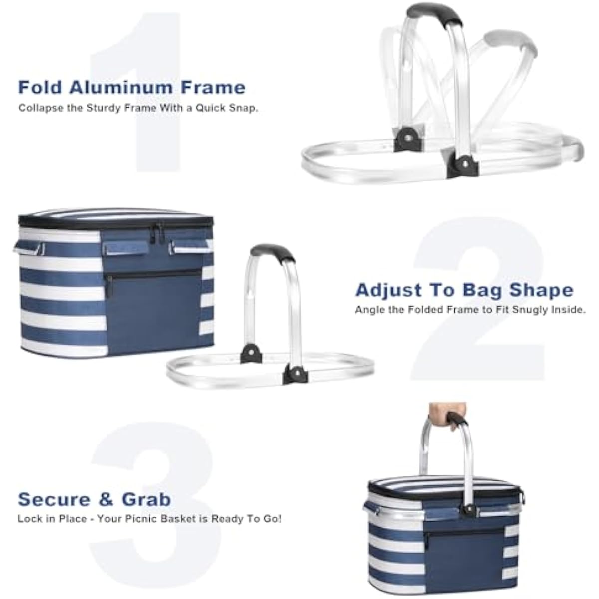 ALLCAMP Picnic Basket - Insulated Cooler, Thickening Foldable Picnic Basket with Removable Baskets & Sewn-in Frame, Basket for House Warming Gifts New Home(Blue White)