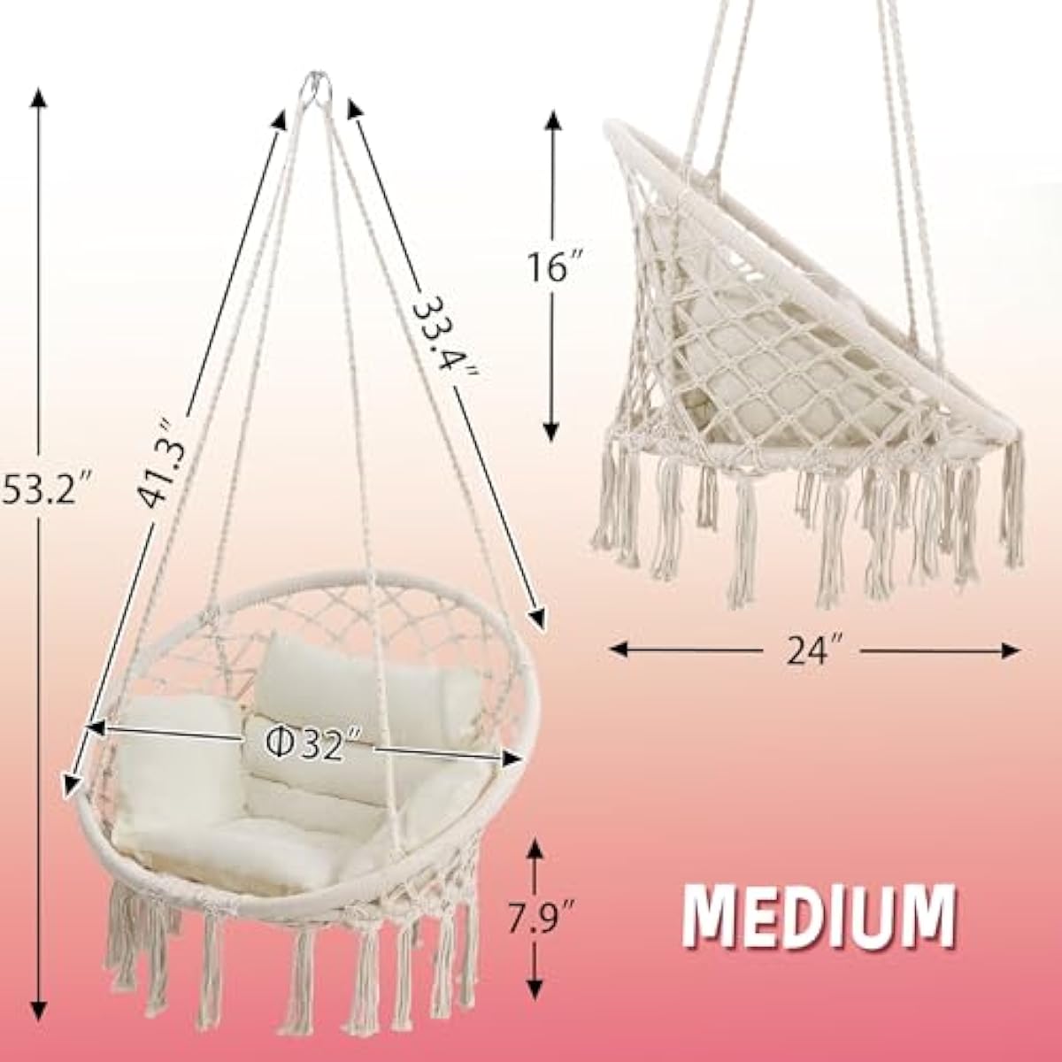 KROFEM Macrame Hammock Hanging Swinging Chair with Medium Cushion, Perfect for Bedroom, Porch, Adults, Balcony, Beige