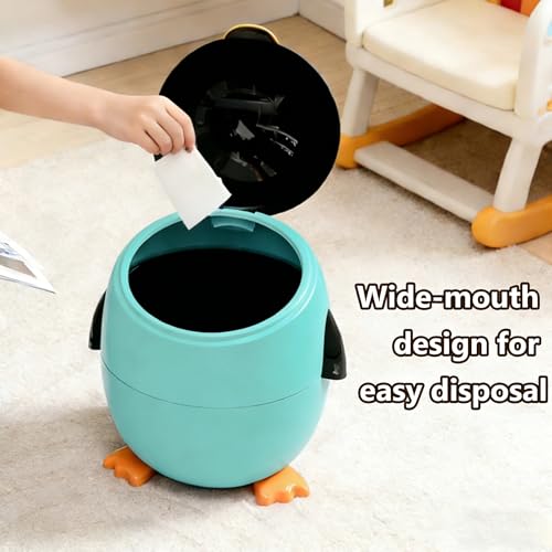 URALFA Penguin Trash Can, 3.2 Gallon Cute Trash Can, Animal Themed Garbage Can with Removable Inner Bucket, Plastic Fun Kids Trash Can for Bedroom, Kids Room, Nursery, Dormitory, Bathroom, Blue