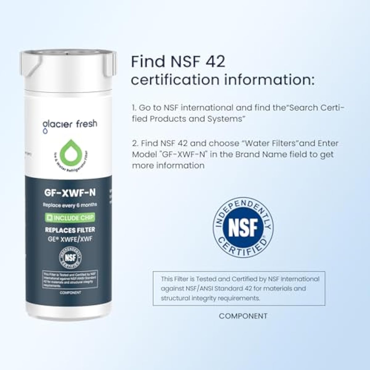GLACIER FRESH Water Filter Compatible with XWFE (Built-in CHIP), Replacement for GE XWFE, XWF Refrigerator Water Filter NSF/ANSI 42 Certification Pack of 1