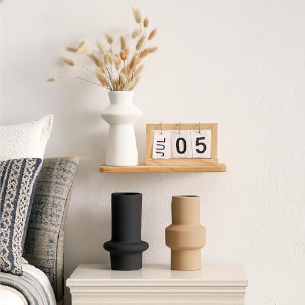 Modern Ceramic Vase Set of 3, 8 inch Simple Geometric Lines Vase for Pampas Grass Dried Fresh Flowers, Home Decor, Bedroom, Living Room, Bookshelf Decoration, Neutral Minimalist Nordic Style
