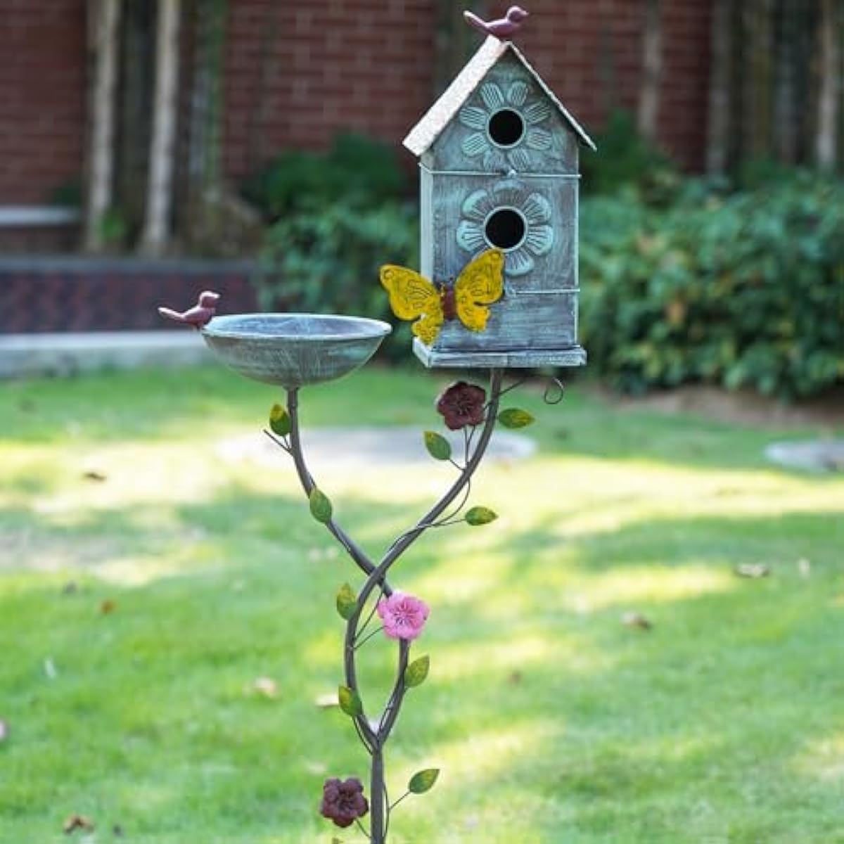 57" H Metal Bird Bath Bowl and Bird House 2-in-1 Design for Outdoors, Garden Yard Decor