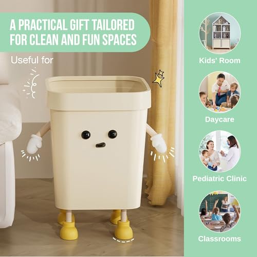 4.2-Gallon Cute Kids Trash Can - Durable Waste Basket Perfect for Kids Rooms, Classrooms, Pediatric Clinics - Beige Square-Shaped Trash Bin w/Arms & Legs - Comes with Removable Trash Bag Holder