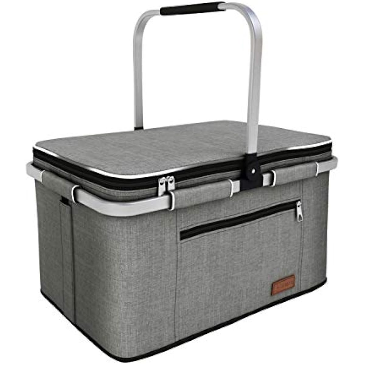 LIQING 35L Large Picnic Basket 2 Layers of Internal Pockets Leak-Proof and Insulated ，Folding with Internal Support for enhansed Stability, Wedding Gifts for Couple(Grey)