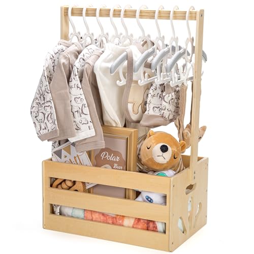 Wooden Baby Shower Crate Closet, Baby Storage Crate Hamper with Handle, Basket for Baby Shower Gifts, Welcome Gift Basket for Newborn Boys Girls, Pregnancy Gifts for New Parents