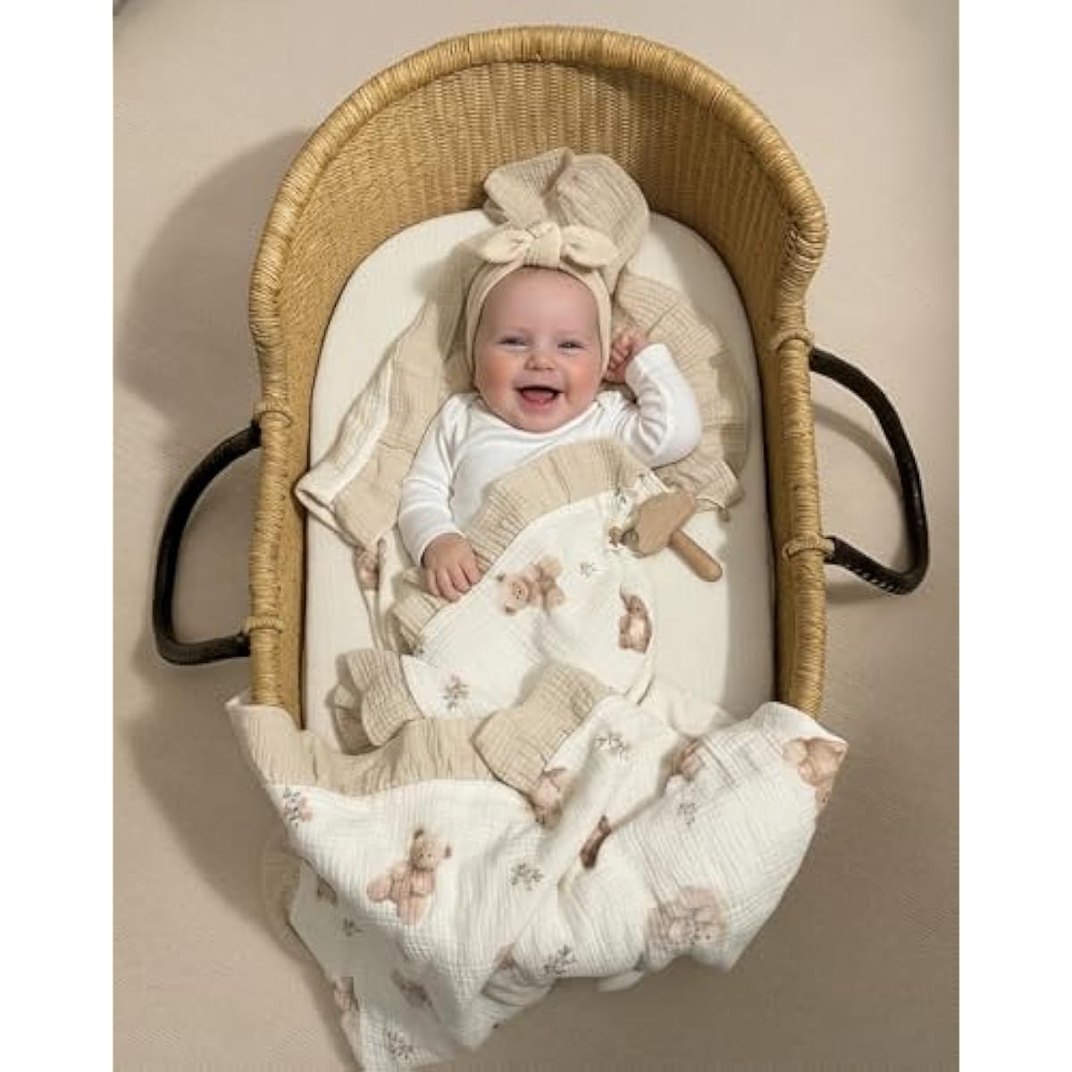 Muslin Ruffled Baby Blanket, Extra Large 52 x 52 Inches, Soft Breathable Cotton Crib Blanket for Newborn Infant Toddler (Hoppy Dreams-Ruffled, Printed)