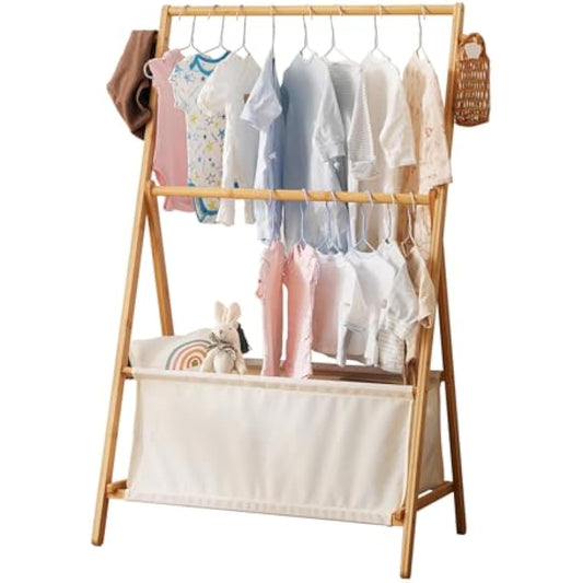 Kids Clothing Rrack- Kids Dress Up Rack for Little Girls, Bamboo Kids Clothes Rack-Feat FSC-Certified wood, Toddler Dress Up Storage Rack & Folding Costume Rack, Pets Clothes Rack, Natural