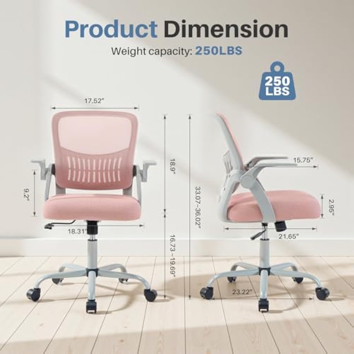 DUMOS Home Office Computer Chair - Ergonomic Mid Back Desk with Lumbar Support and Rocking Mode, Height Adjustable with Flip-up Armrest, for Conference Meeting Room, 360° Swivel, Adults, Pink