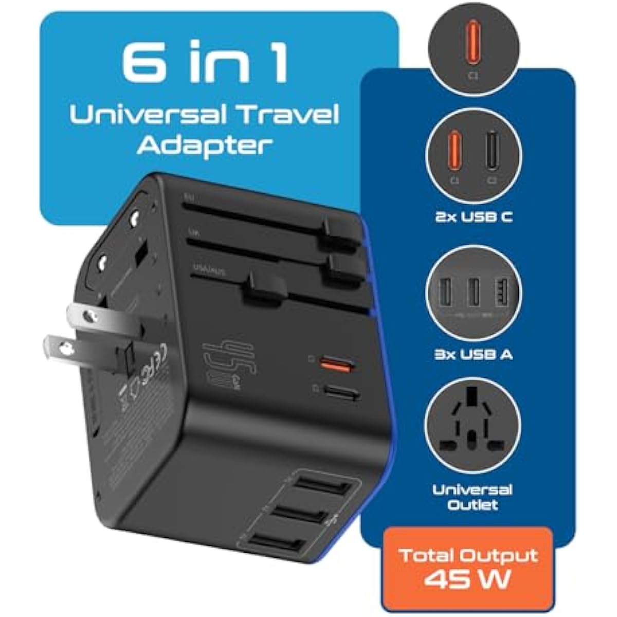 Ceptics Universal Travel Adapter, 45W International Power Adapter with PD & QC 3.0 Dual USB-C, 3 USB Travel Adapter Worldwide, Type I C G A Outlets 110V 220V A/C - EU Euro US UK (11-KU)
