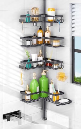 HAMITOR Shower Caddy Tension Pole: 4-Tier Corner Rustproof Bathroom Organizer with Soap Holder & Hooks - No-Drill Adjustable Shower Shelf for Renters - Family Stand Storage Rack - 47-123 Inch Black