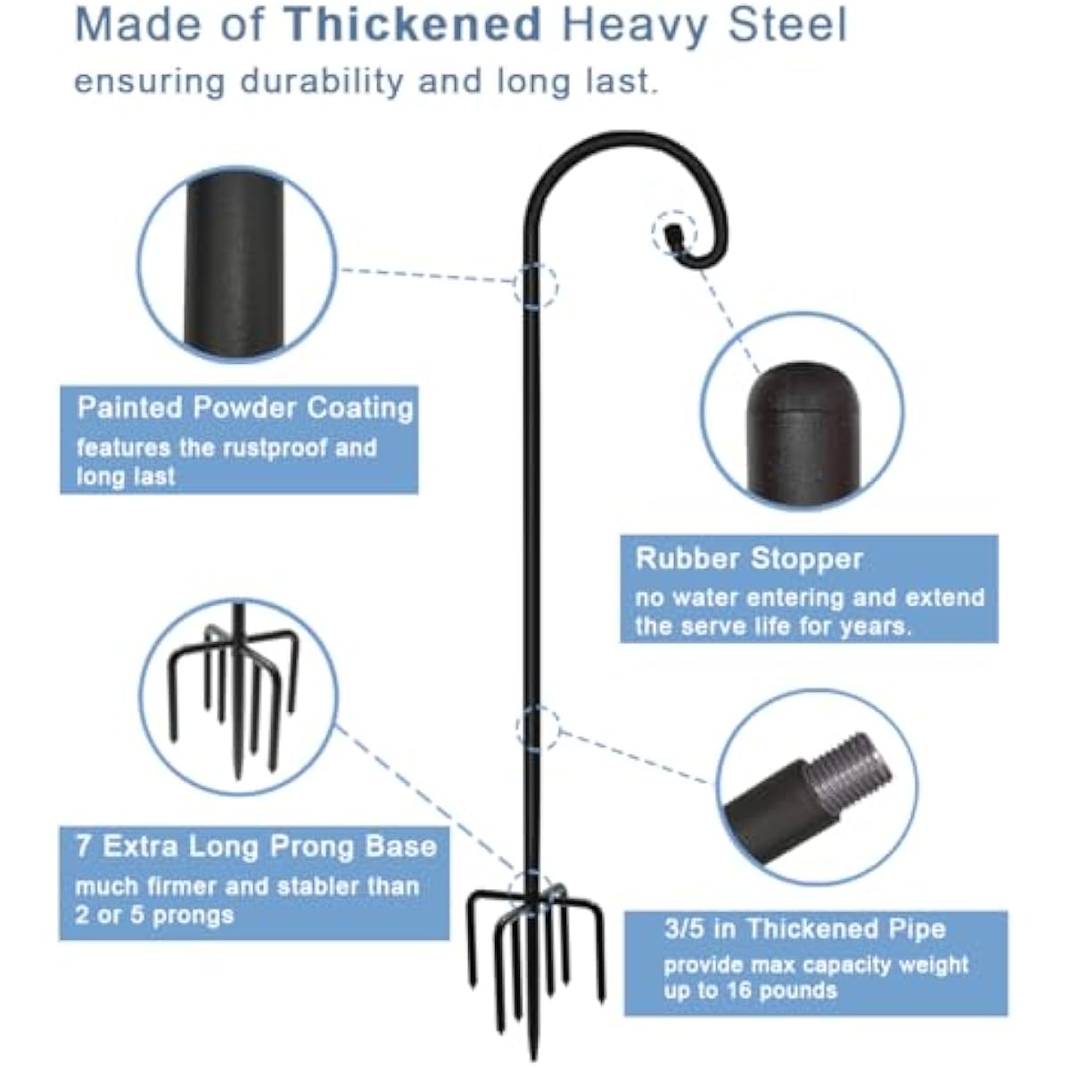 Artigarden 108 inch Outdoor Shepherd Hook with 7 Prong Base (1 Pack), Adjustable Heavy Duty Garden Hanging Stake for Bird Feeder Solar Light Plant Hanger Wedding Decor, Matte Black