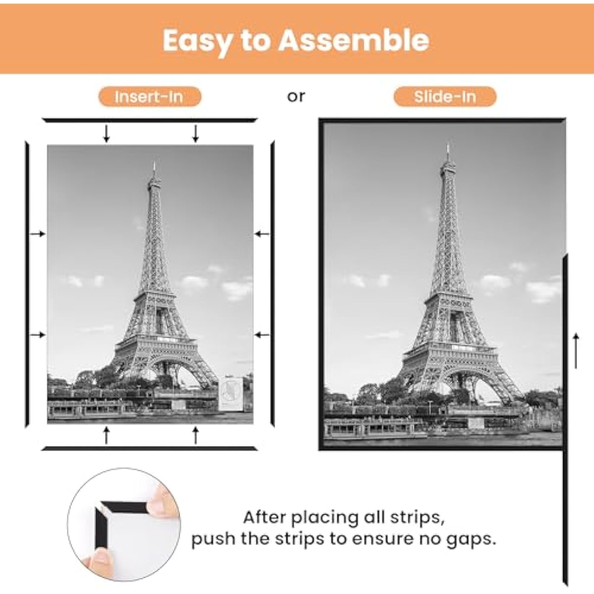 upsimples 16x24 Picture Frame Black 3 Pack, Scratch-Proof Poster Frames 16 x 24 for Photo Gallery - Slide-In Strips, Horizontal or Vertical Wall Mounting