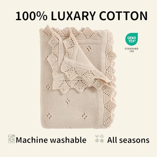 mimixiong Cotton Baby Blanket Knitted Crochet Receiving Crib Nursery Swaddling Blankets for Newborn Baby Boy Girl 30x40 Inch (Oatmeal)