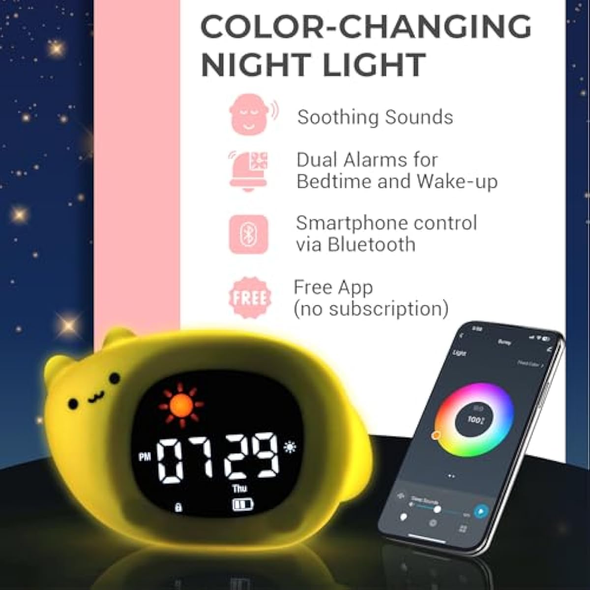 Bumble & Bright Kids Sleep Trainer with App Control - OK to Wake Clock for Kids Ages 4+, Color-Changing Night Light, Alarm & Sound Machine, Simple 1-Routine Setup, Free App, USB-C