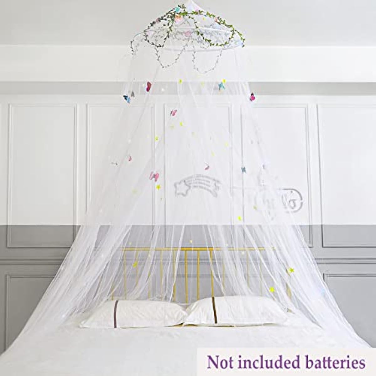 FIOBEE Bed Canopy for Girls Room Bed Canopy Curtains with Led Lights Mosquito Net DIY Princess Room Décor with Stars Butterflies for Kids Bedroom, White