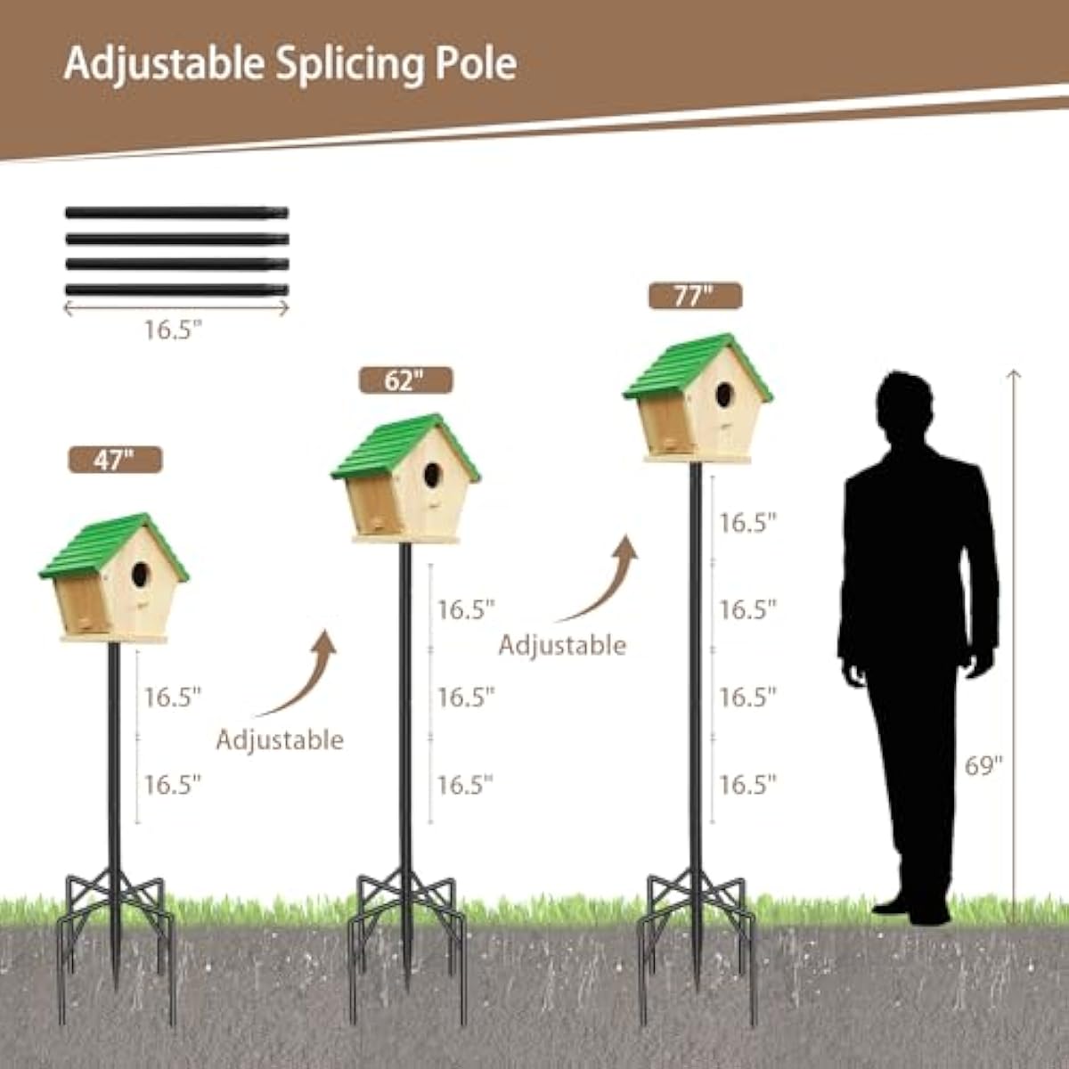 77 Inch Heavy Duty Smart Bird Feeder Pole for Outdoors with 5-Prong Base and 2 Plates, Rust-Proof Metal Wild Bird Feeder Stand/Post, Adjustable Birdhouse Pole, Weather Station Mounting Kit