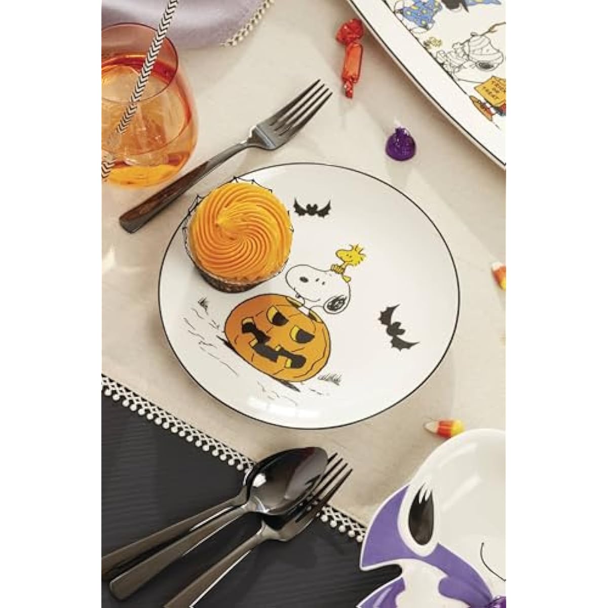 Lenox Dinnerware Set, The Great Pumpkin Accent Plates, Assorted, Set of 4 Porcelain Plates, Halloween Plates, Hand Wash Only, Spooky Salad and Pasta Plate, Halloween Table Decorations (4 Pieces)