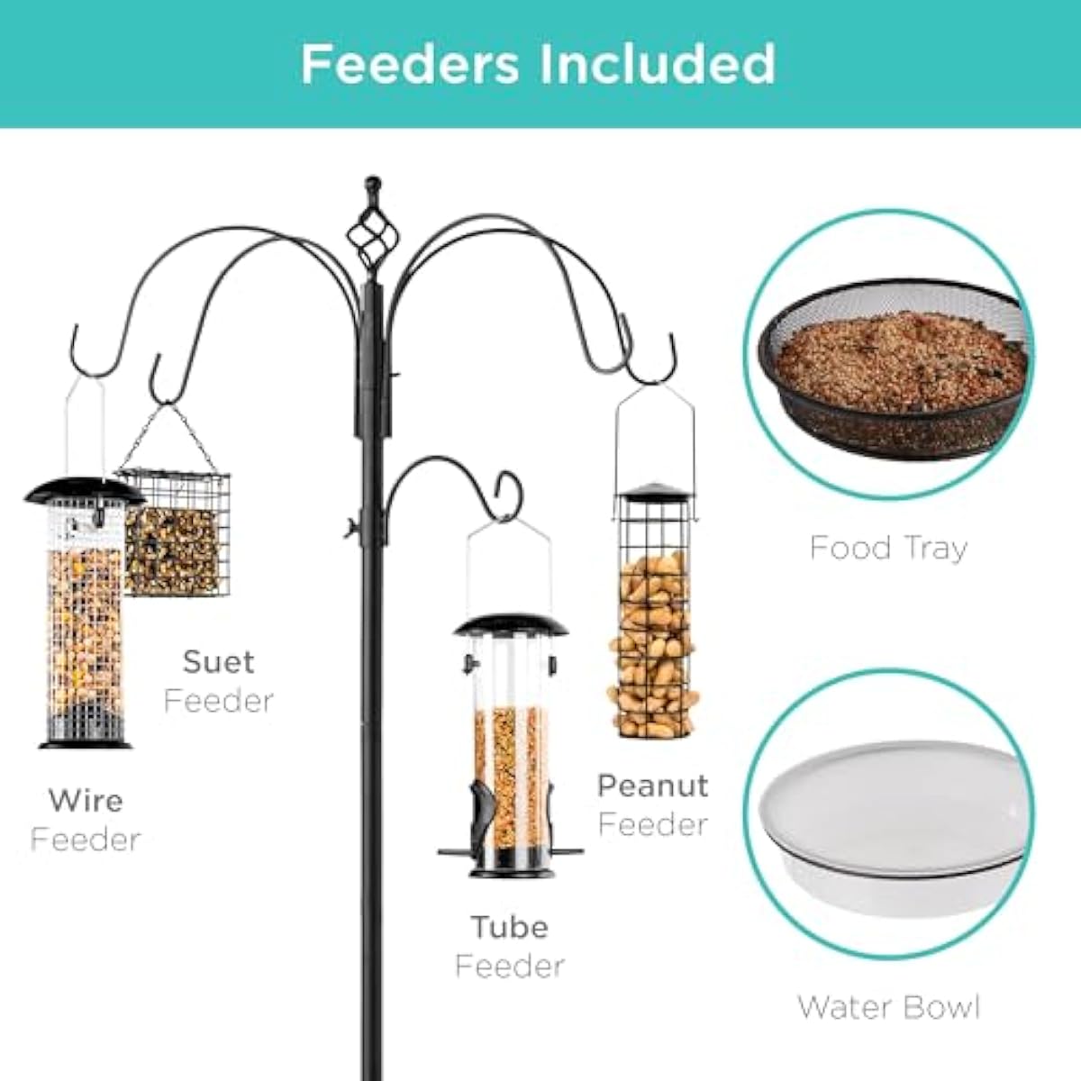 Best Choice Products 6-Hook Bird Feeding Station, Steel Multi-Feeder Kit Stand for Attracting Wild Birds w/ 4 Bird Feeders, Mesh Tray, Bird Bath, 5-Prong Base - Black