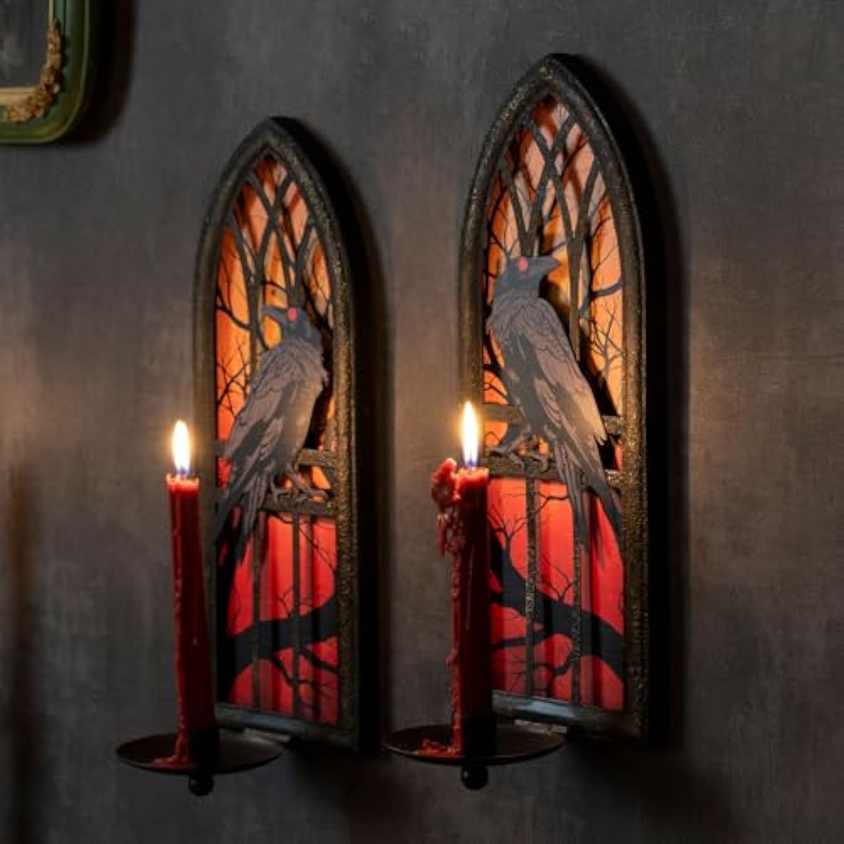 Gothic Wall Candle Sconces Set of 2, Wrought Iron Crow Wall Mounted Candelabra Holder with Removable Trays for Taper & Pillar Candles, Medieval Cathedral Window Design, Dark Academia Decor