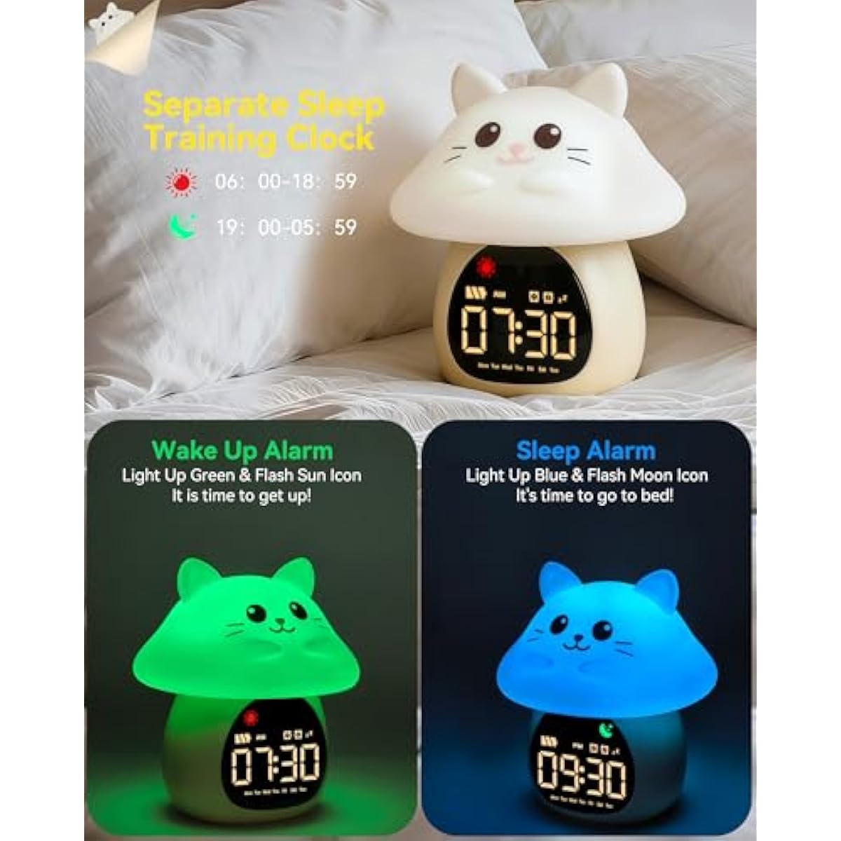 Yiliaw Sleep Training Alarm Clock with Night Light for Kids - Ok to Wake Clock with Dual Alarms, Night Light & RGB Colors, 6 Alarm Tones & White Noise, Rechargeable Clock for Boys & Girls, Cat