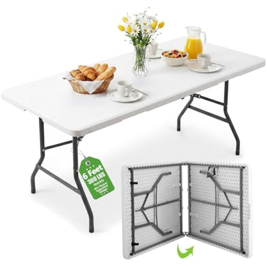 6ft Table Large Folding Table White Folding Table with Portable Carrying Handle 6ft Heavy Plastic Foldable Table for Party, Wedding, Events, Dining, Camping, Picnic Indoor, Outdoor, Utility