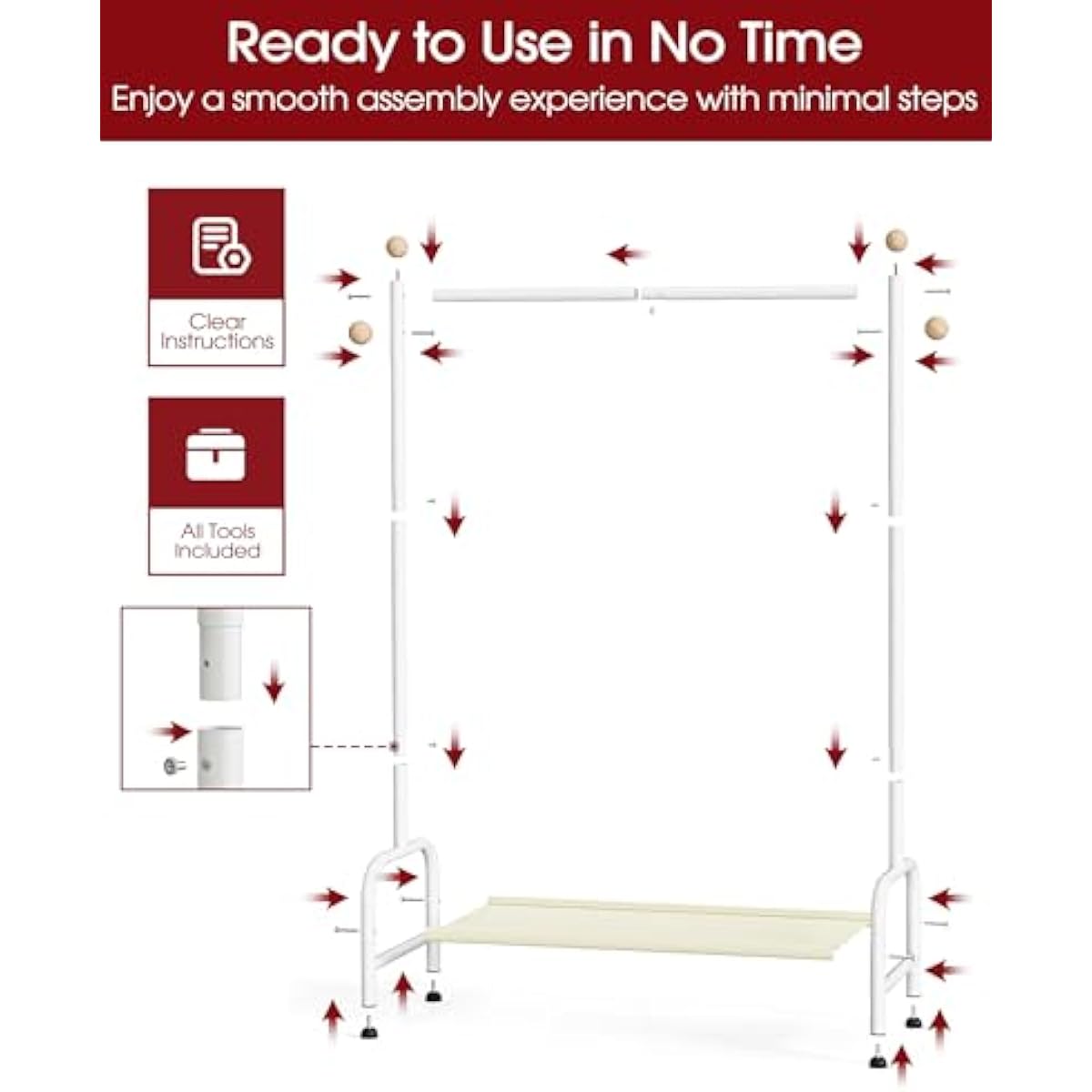 Clothes Rack - Sturdy Metal Kids Clothing Rack with Bottom Storage Shelf & Adjustable Feet, Dress Up Storage for Toddler's Bedrooms, Nurseries, Playrooms, 31" x 12.5" x 47.8", White