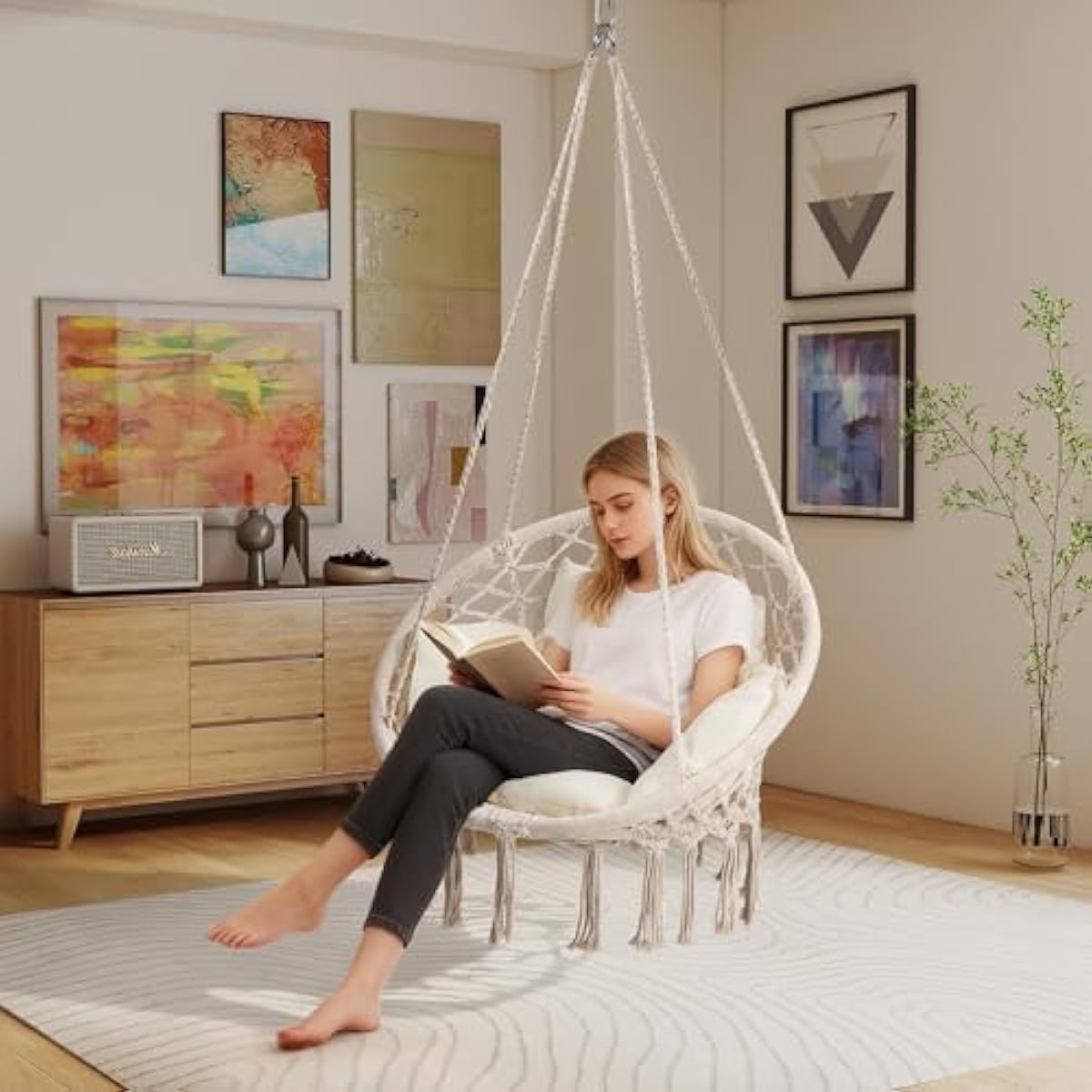 KROFEM Macrame Hammock Hanging Swinging Chair with Medium Cushion, Perfect for Bedroom, Porch, Adults, Balcony, Beige