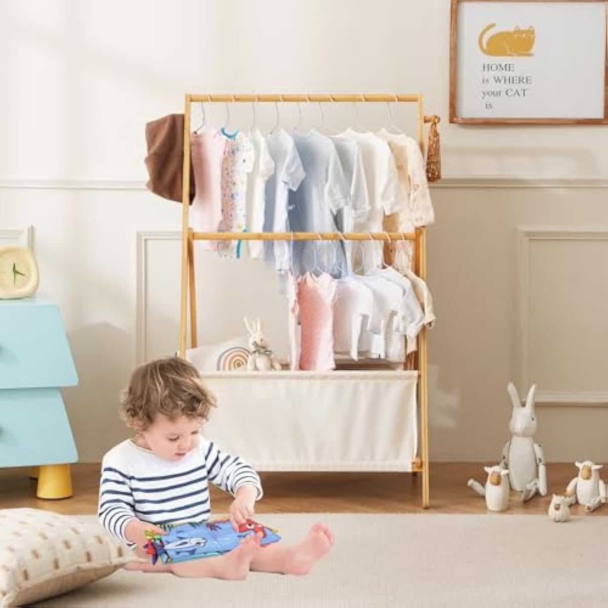 Kids Clothing Rrack- Kids Dress Up Rack for Little Girls, Bamboo Kids Clothes Rack-Feat FSC-Certified wood, Toddler Dress Up Storage Rack & Folding Costume Rack, Pets Clothes Rack, Natural