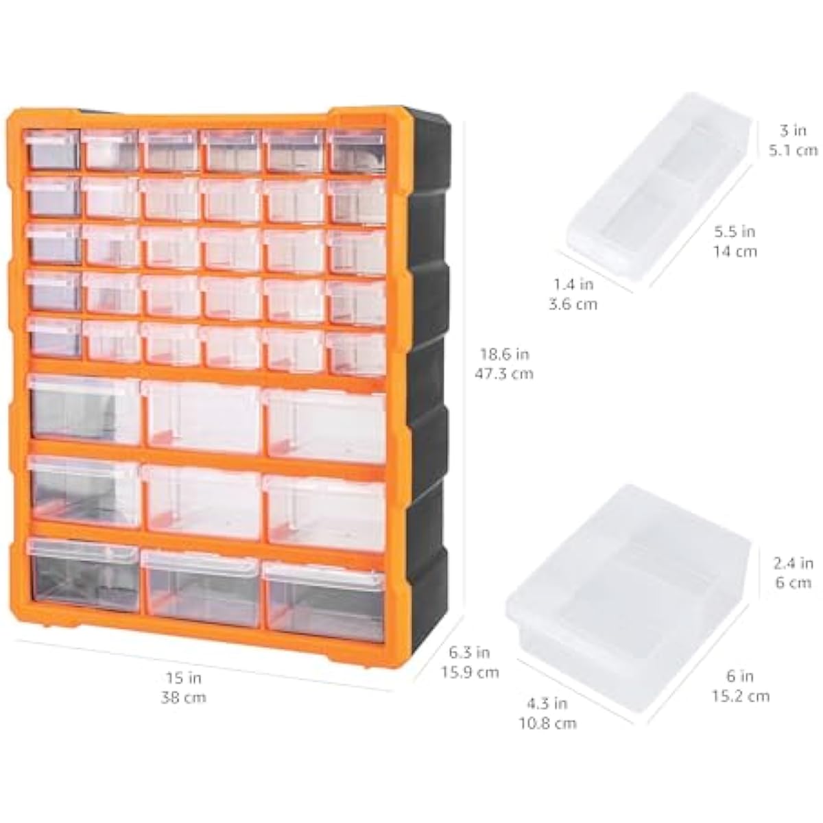 Amazon Basics Wall Mount Hardware and Craft Storage Cabinet Organizer with 39 Drawers, Plastic Garage Organization System with Dividers for Small Parts, Black, Orange, 15" x 6.3" x 18.6"