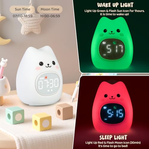 Cat Alarm Clock with Night Light for Kids with Sleep Training and Sound Machine, Rechargeable Silicone Lamp OK to Wake Clock，Cute Animal Tabletop Lamp, Perfect Sleep Companion for Boys Girls