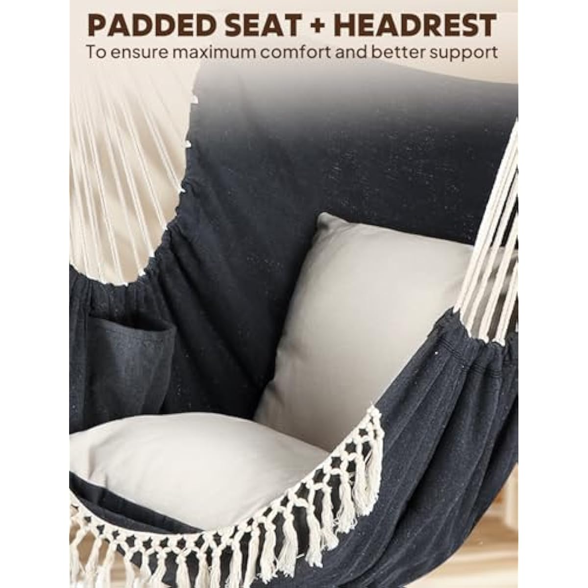 Chihee Hammock Chair Hanging Swing Max 500 Lbs 2 Cushions Included Steel Spreader Bar with Anti-Slip Grooves Portable Hanging Chair Side Pocket Large Macrame Bohemian Chair Indoor Outdoor