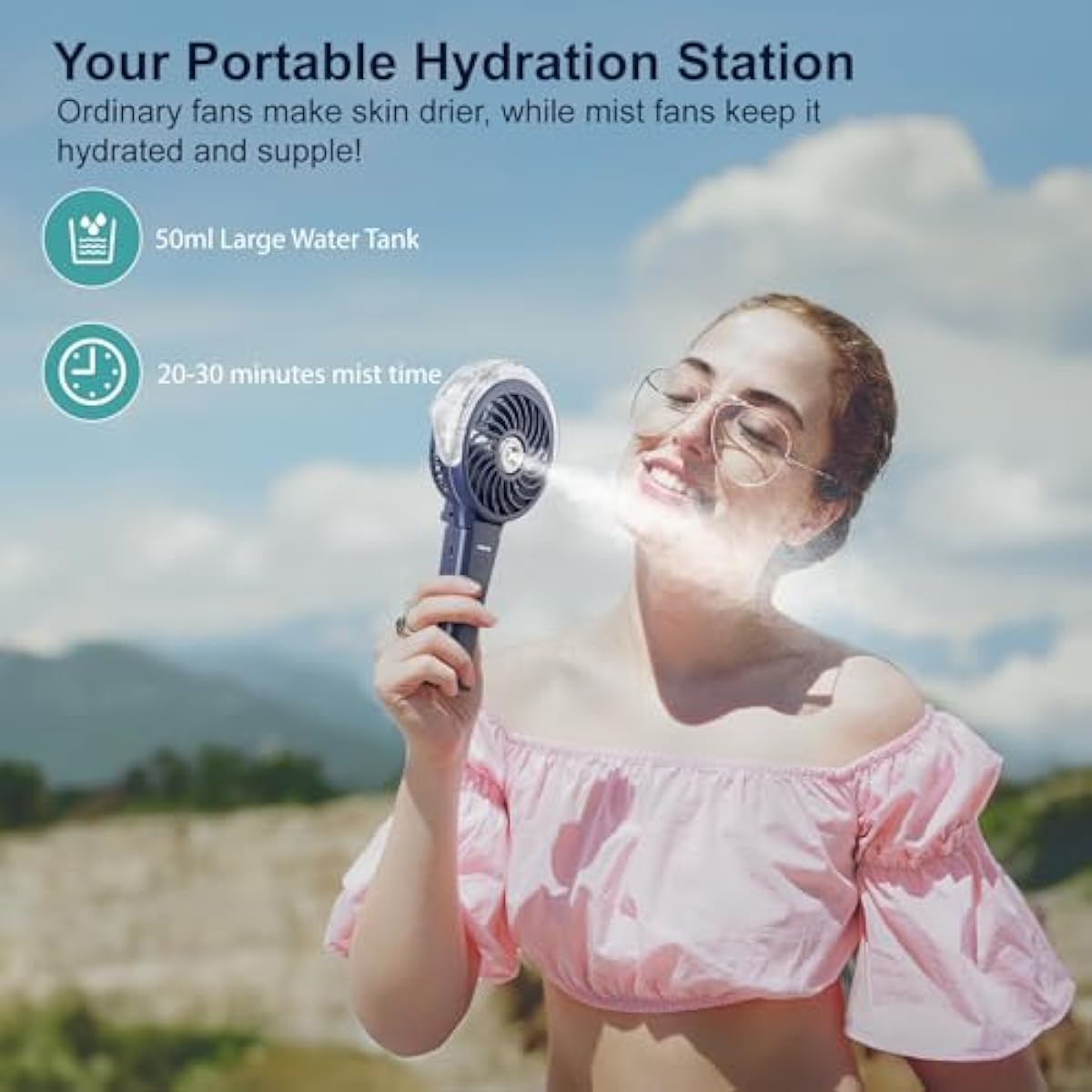 HandFan 4000mAh Upgraded Handheld Misting Fan, 50ml Water Tank, Rechargeable Personal Mister Fan Portable AC, Spray Water Mist Fans, Foldable Cooling Ice Fans for Beach Travel Disney(Royal Blue)