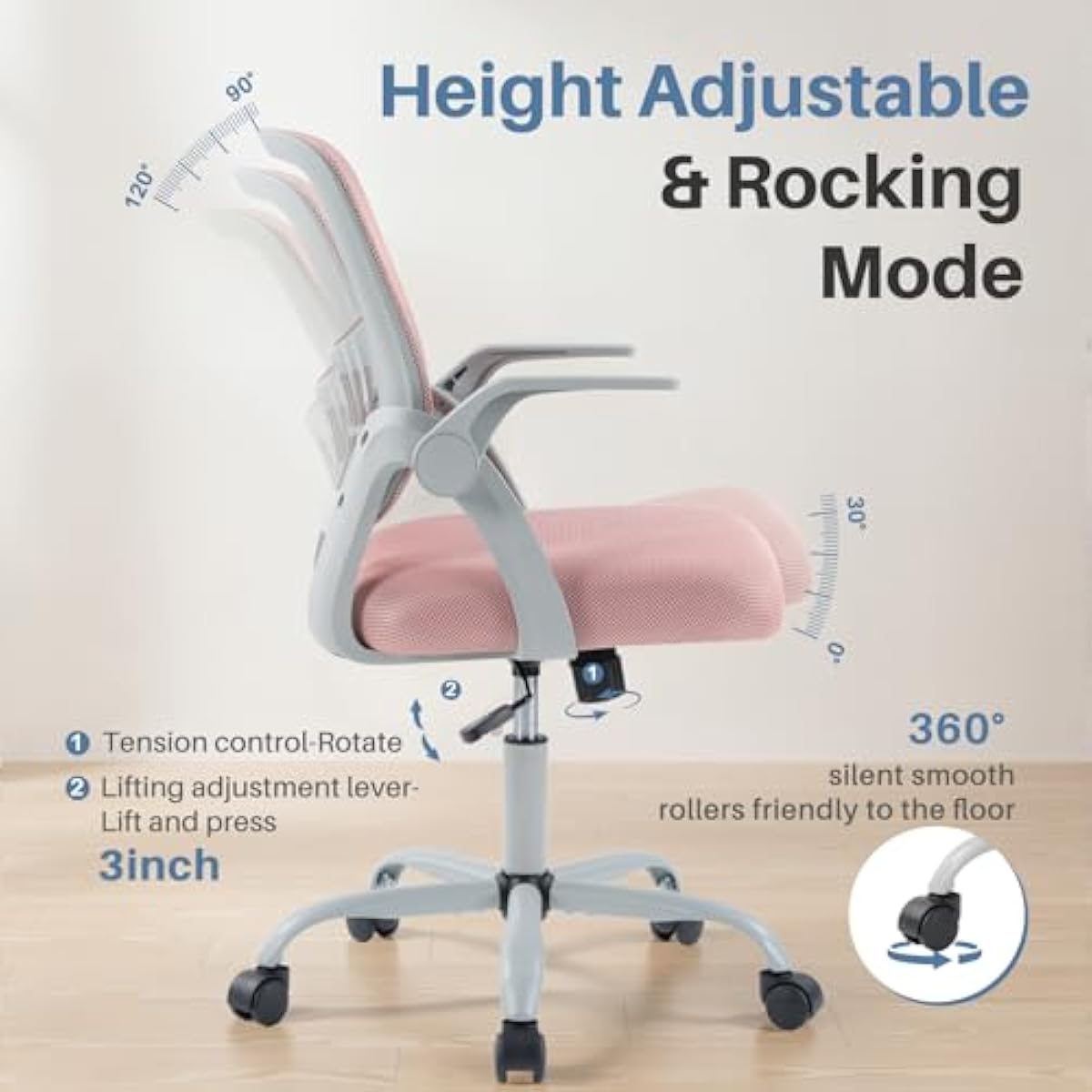 DUMOS Home Office Computer Chair - Ergonomic Mid Back Desk with Lumbar Support and Rocking Mode, Height Adjustable with Flip-up Armrest, for Conference Meeting Room, 360° Swivel, Adults, Pink