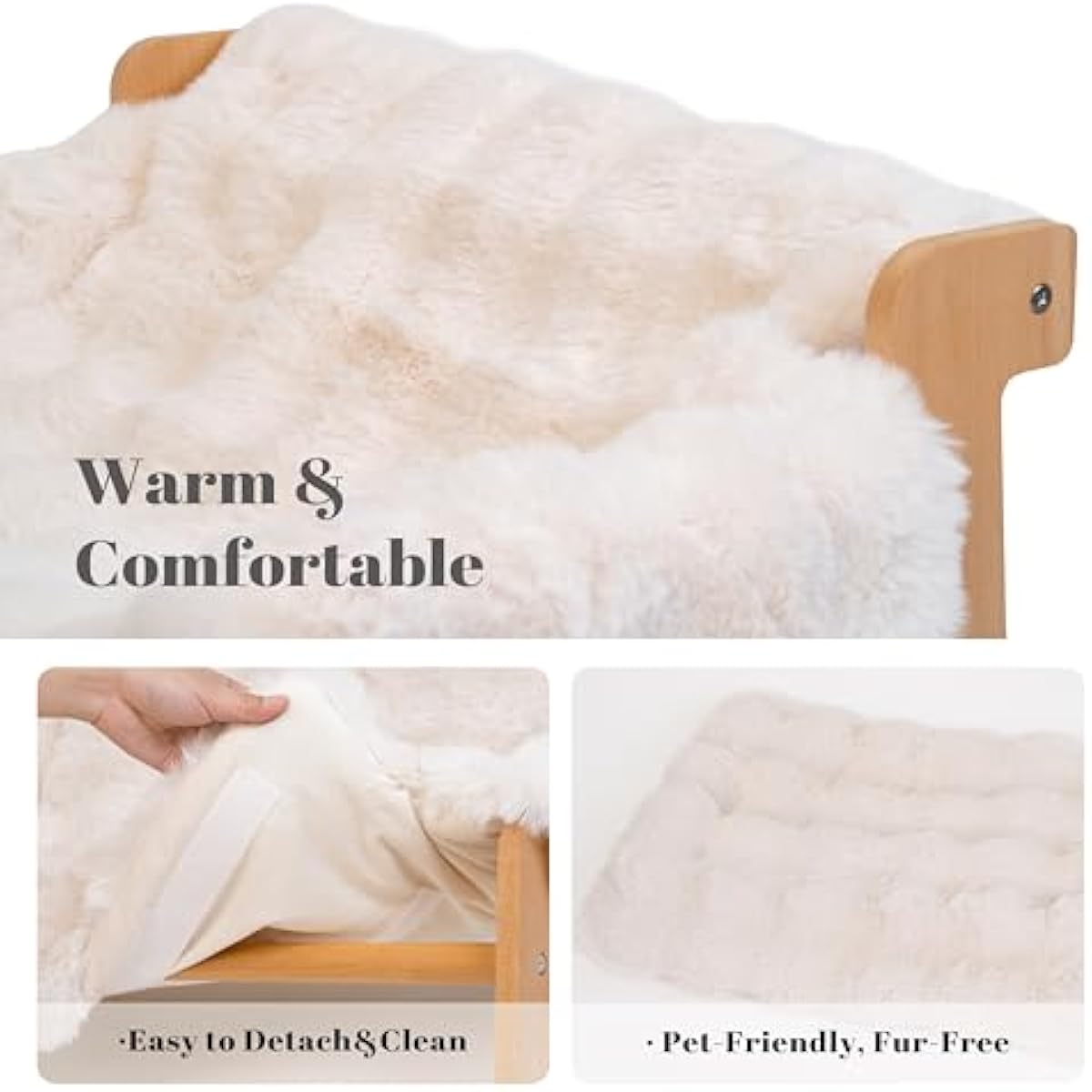 CHEERHOME PETS Elevated Cat Couch Bed for Indoor Cats, Wooden Cat Sofa with Removable Washable Fluffy Cover Raised Kitty Lounge Chair Suitable for Puppy(Cat Sofa Off-White)