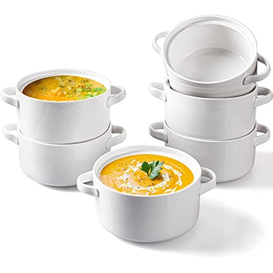 DELLING Soup Bowls with Handles Set of 6, 24 Oz Ceramic French Onion Soup Crocks Oven Safe - Large Soup Mugs for Chili Stew Cereal, Microwave Dishwasher Safe, White