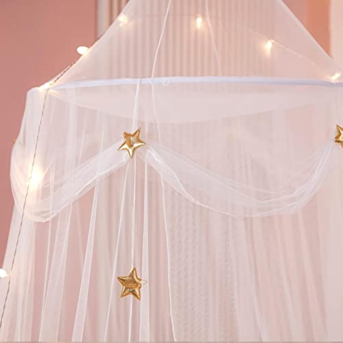 Bed Canopy with Lights for Girls,Gold Star Princess Crib Canopy Curtains,Extra Large Dome Mosquito Net Reading Nook Canopy for Kids Boys Twin Full Queen Size Bed,Fire Retardant Fabric