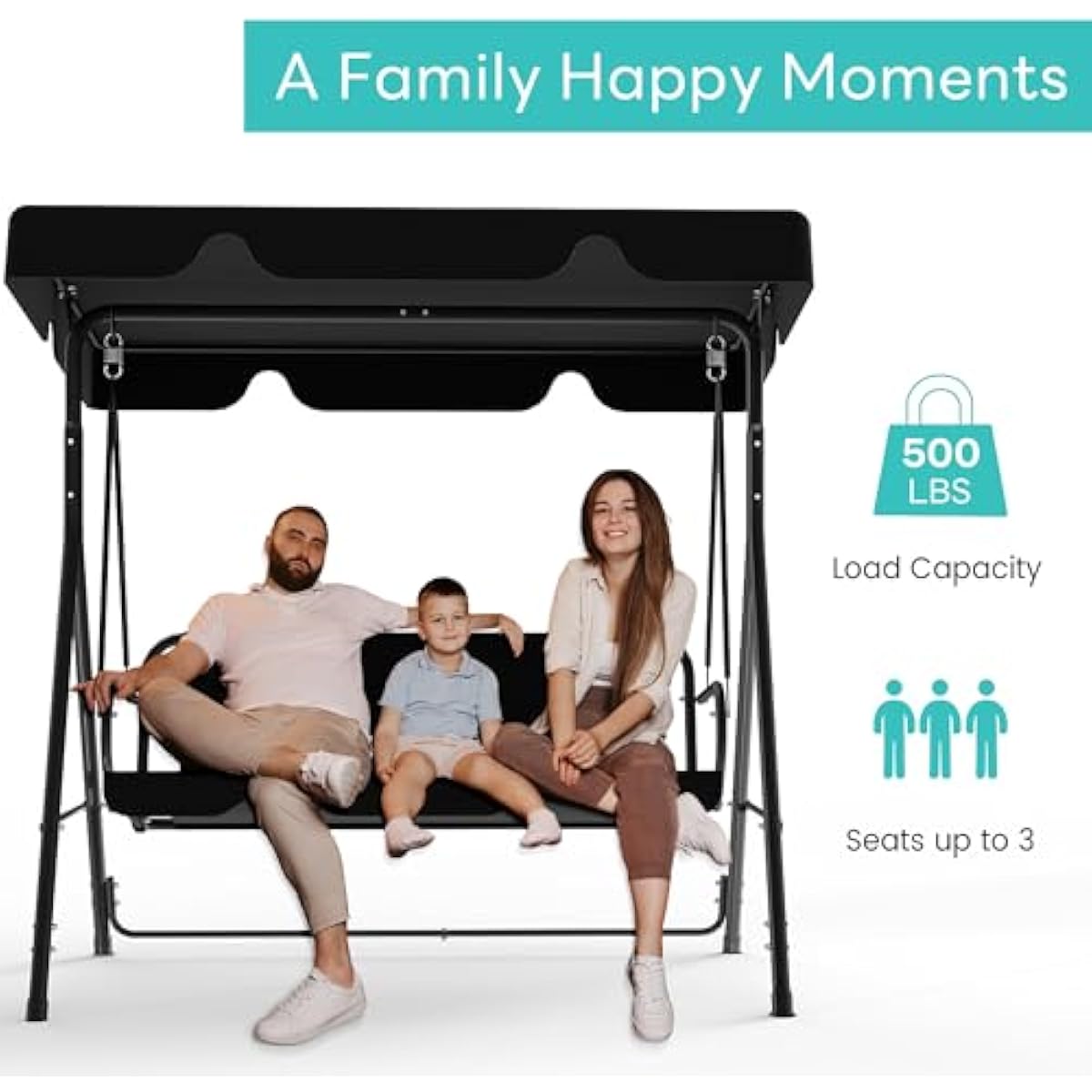 Murago Outdoor Patio Swing Chair with Adjustable Canopy, Outdoor Patio Glider Swing with Heavy Duty Stand for 3 Adult Persons, Ideal for Deck, Lawn, Backyard, or Porch, Black