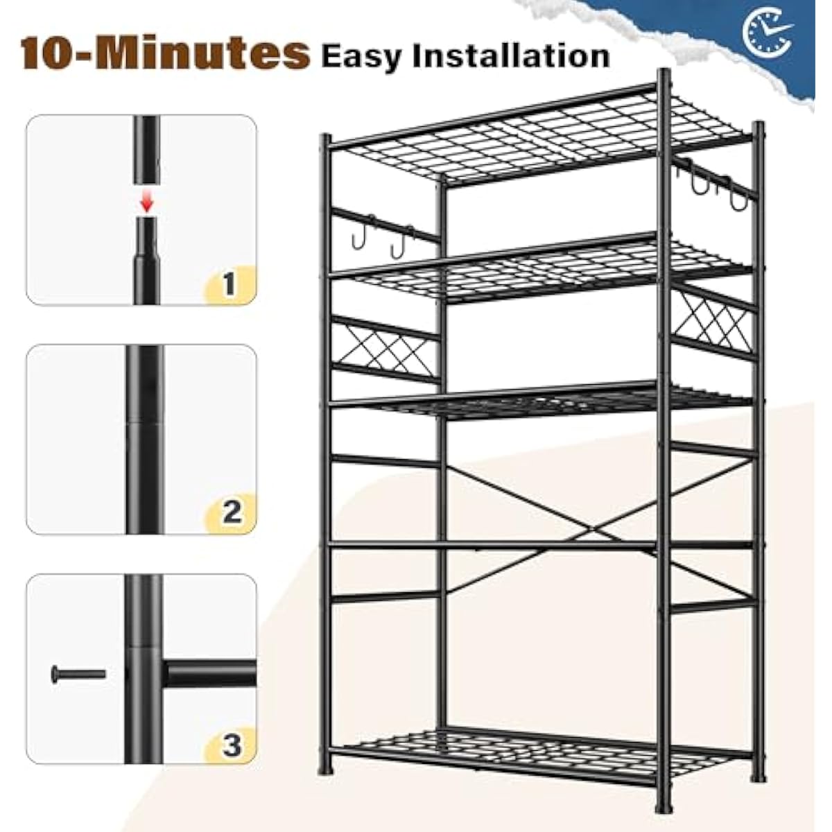 Storage Shelves 5-Tier Large Capacity Wire Shelving with Hooks, Heavy Duty Garage Shelving Unit with Leveling Feet, Stable Metal Shelf for Pantry, Kitchen and Closet, 72" H x 36" W x 12" D, Black