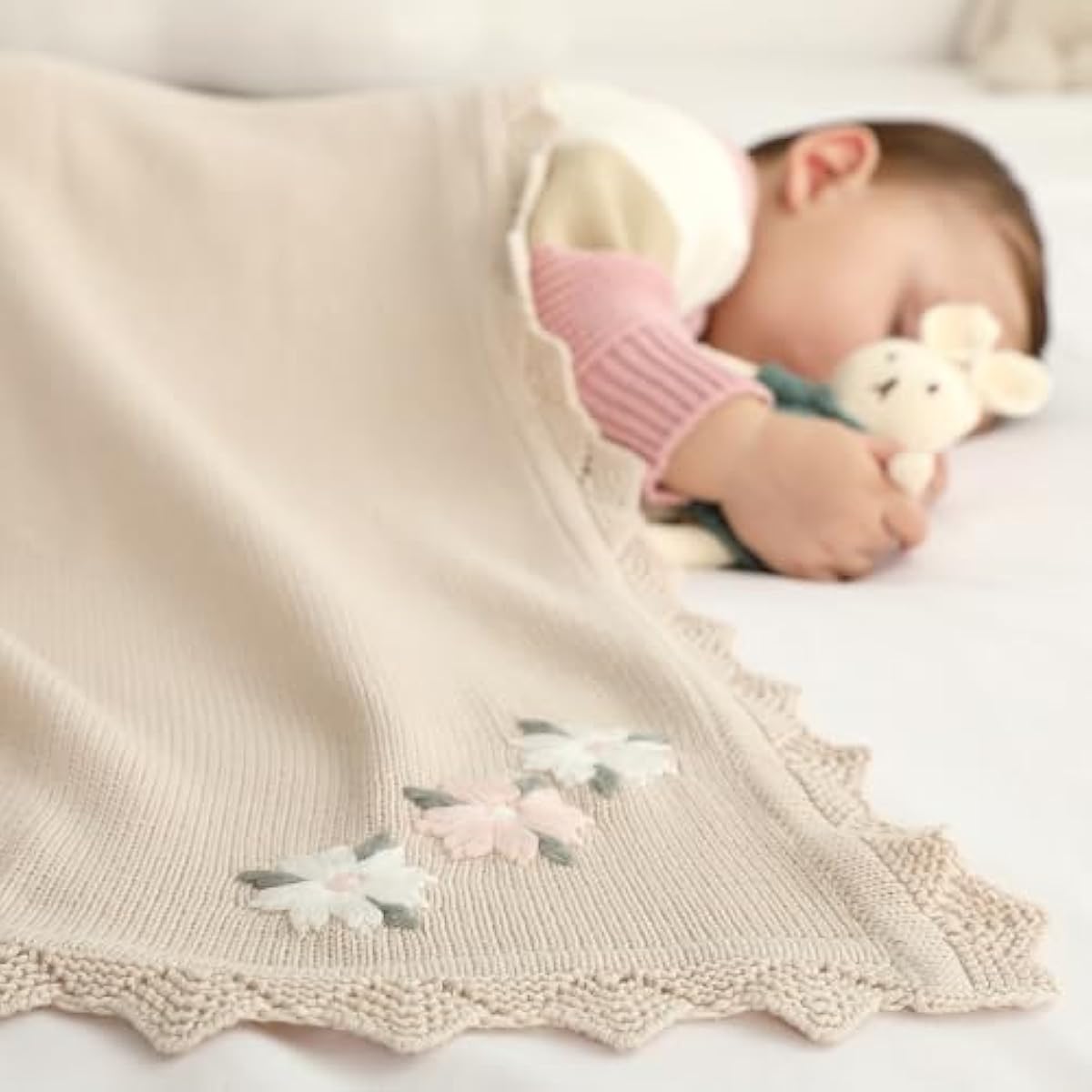 LAWKUL Baby Blanket 100% Traceable Cotton Knit Receiving Blankets Infant Swaddle for Newbron Boy Girls 40"x30" Beige Floral