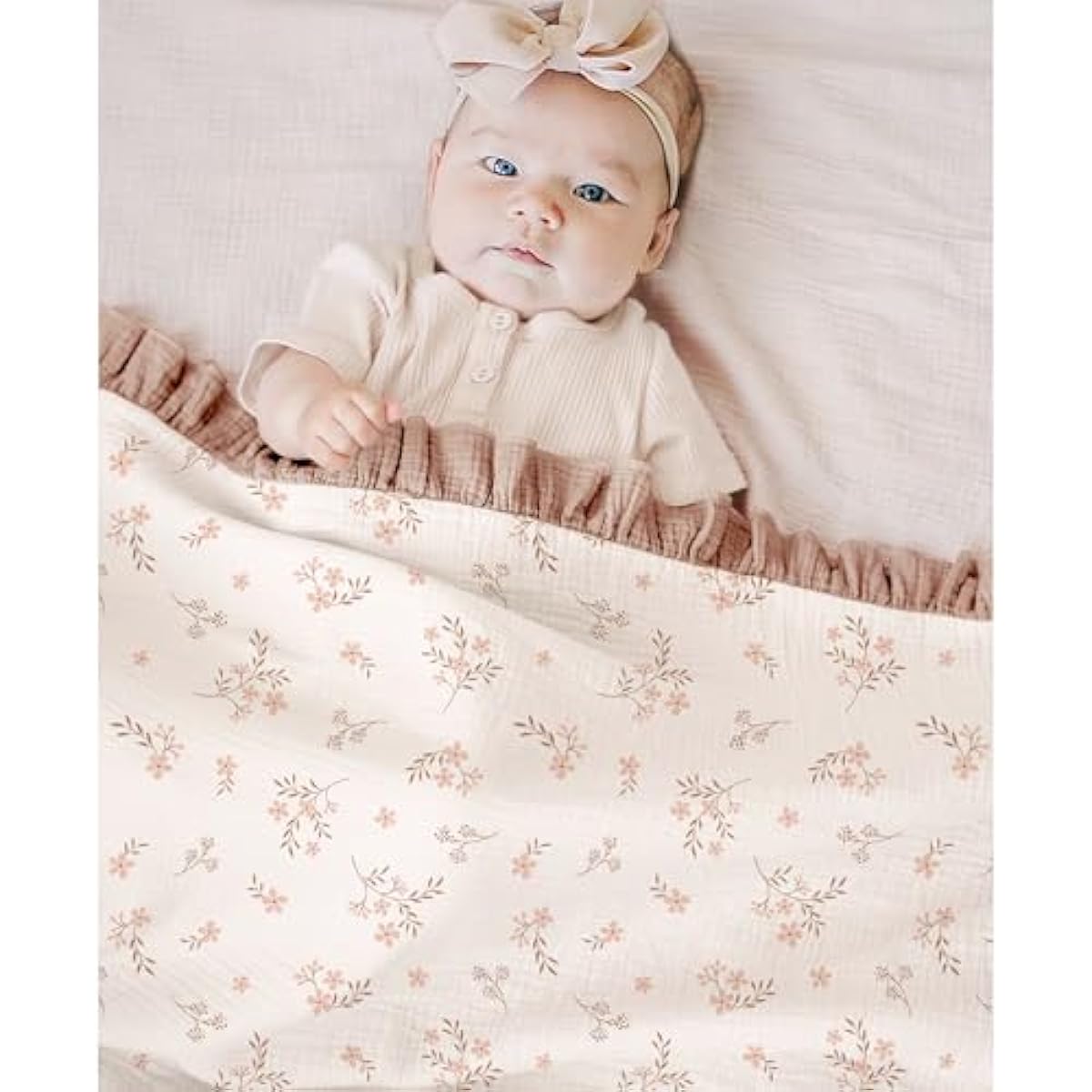 Konssy Flounce Muslin Baby Blanket for Girls Boys, 100% Cotton Soft Crib Swaddle Blankets, Reversible & Breathable Nursery Bedding for Newborns Toddlers, 40 x 36 Inches (Petal Dream)