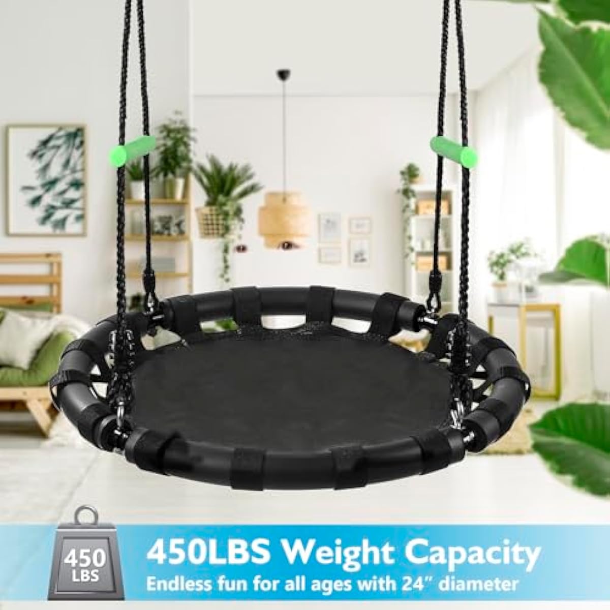 Tree Swing with PP Mat - Durable, Safe, and Easy to Install,Black Outdoor Saucer Swing,Flying Saucer Web Circle Swing for Yard Garden Playground Park (24 inches Diameter)