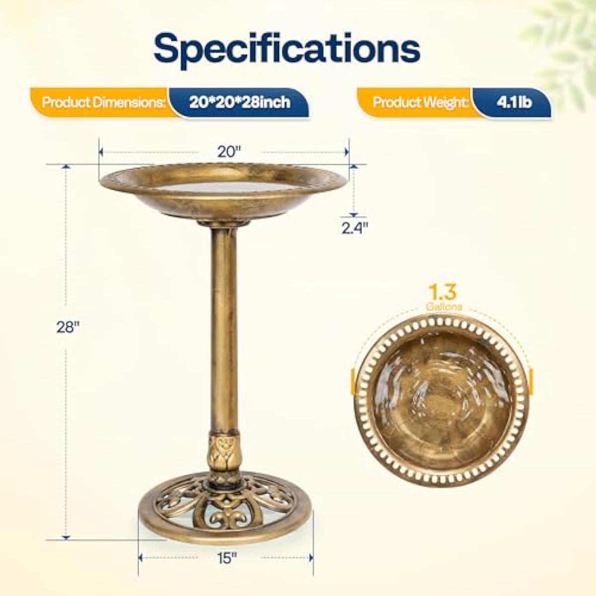 VIVOHOME Bird Bath for Outside, Polyresin Pedestal Bird Baths for Outdoor, Garden, 28 Inch Height Weather-Resistant Birdbaths with 20" Bowl, Copper