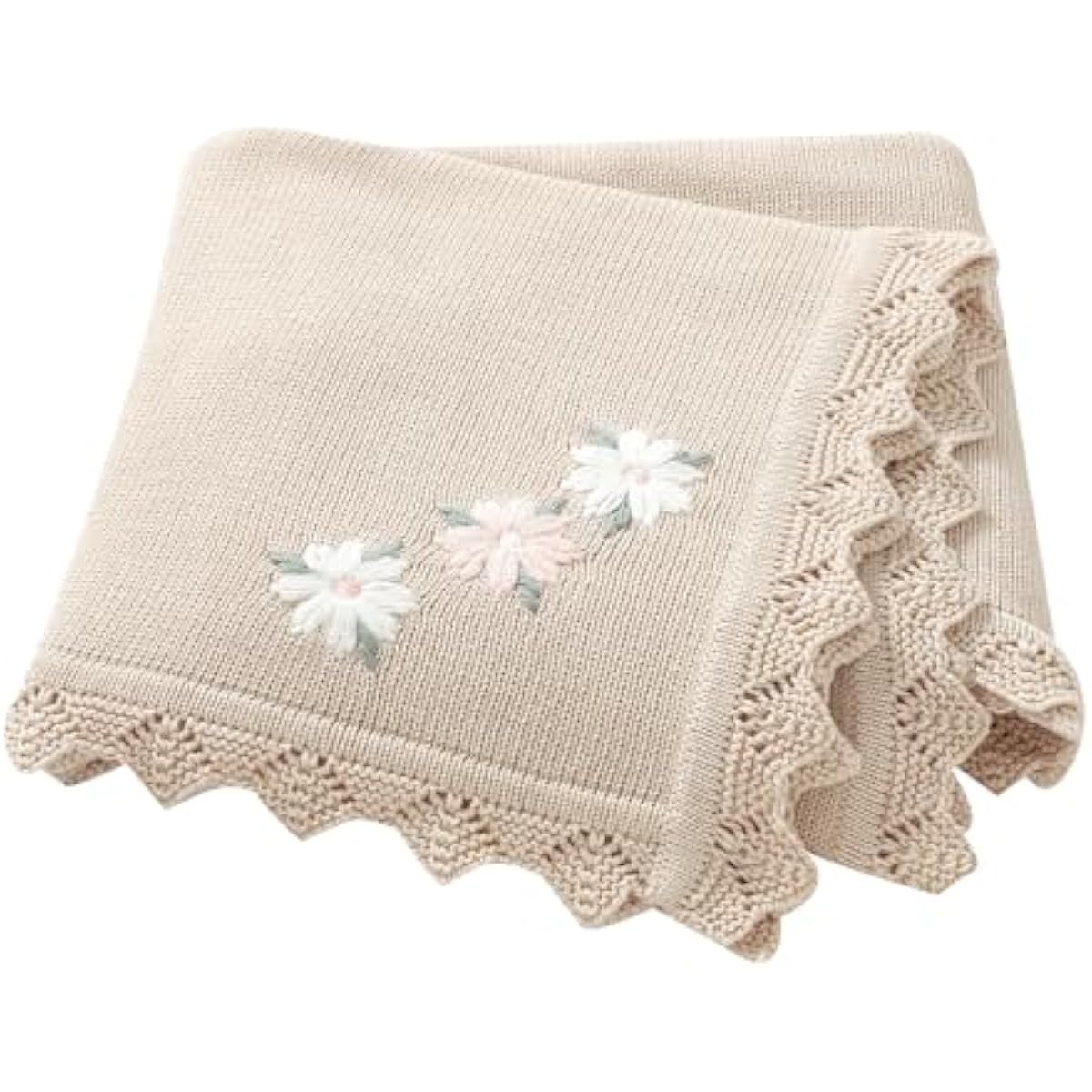 LAWKUL Baby Blanket 100% Traceable Cotton Knit Receiving Blankets Infant Swaddle for Newbron Boy Girls 40"x30" Beige Floral