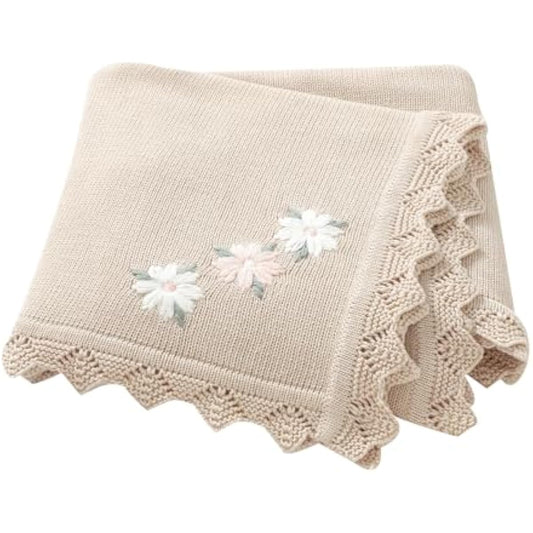 LAWKUL Baby Blanket 100% Traceable Cotton Knit Receiving Blankets Infant Swaddle for Newbron Boy Girls 40"x30" Beige Floral