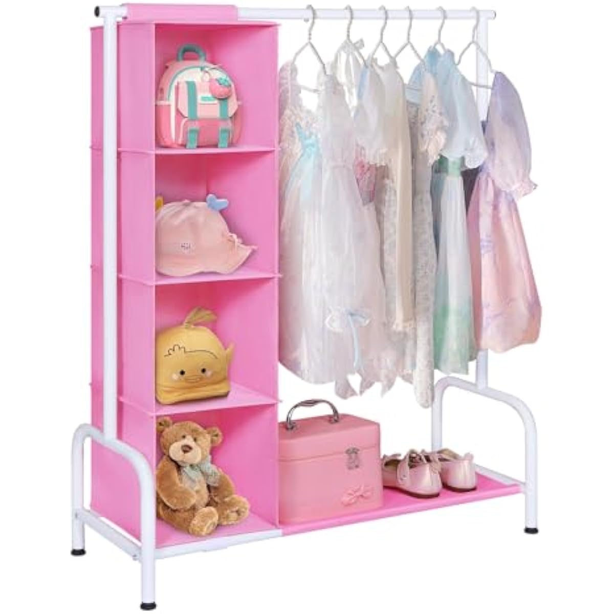 Univivi 43" Tall Kids Clothing Rack, Toddler Dress Up Storage with Hanging Organizer – Sturdy Metal Baby Closet, Space-Saving for Nursery & Bedroom, Pink/White