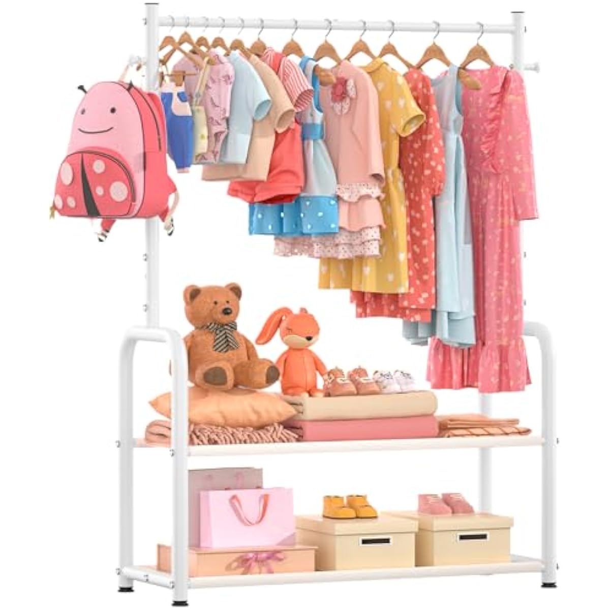 Kids Clothing Rack with 2-Layer Storage Shelf and 2 Adjustable Hanging Rods, Dress Up Rack for Hanging Clothes,Dress up Storage for Baby Toddle Kids(Classic, White)